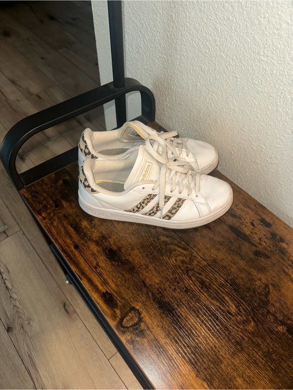 adidas White Sneakers with Leopard Print Stripes